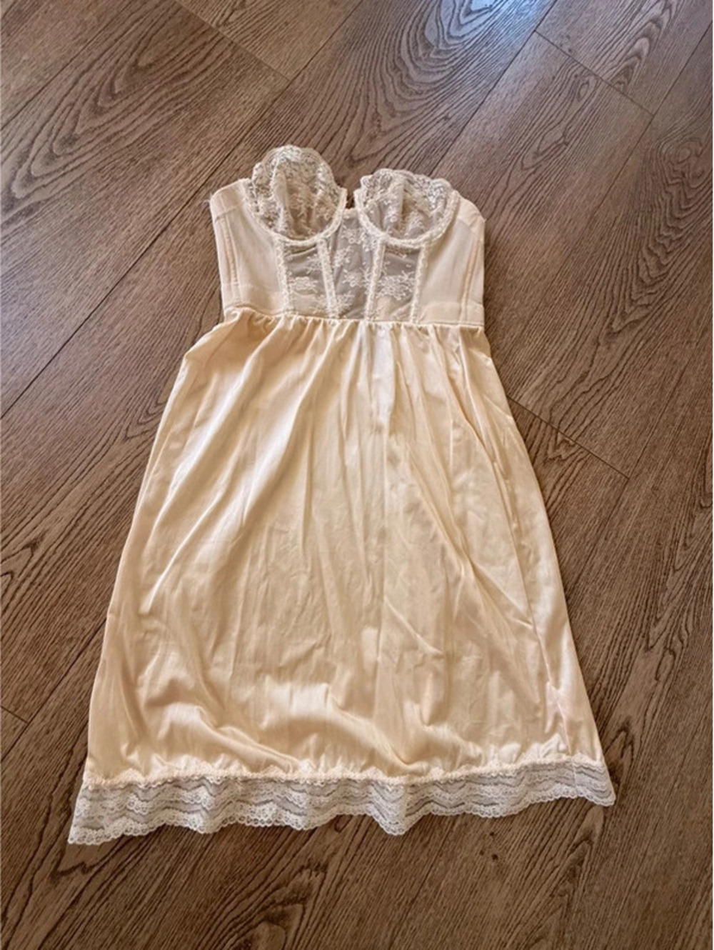 Vintage Cream Lace Bustier Slip Dress Strapless Corset Top Lingerie XS
